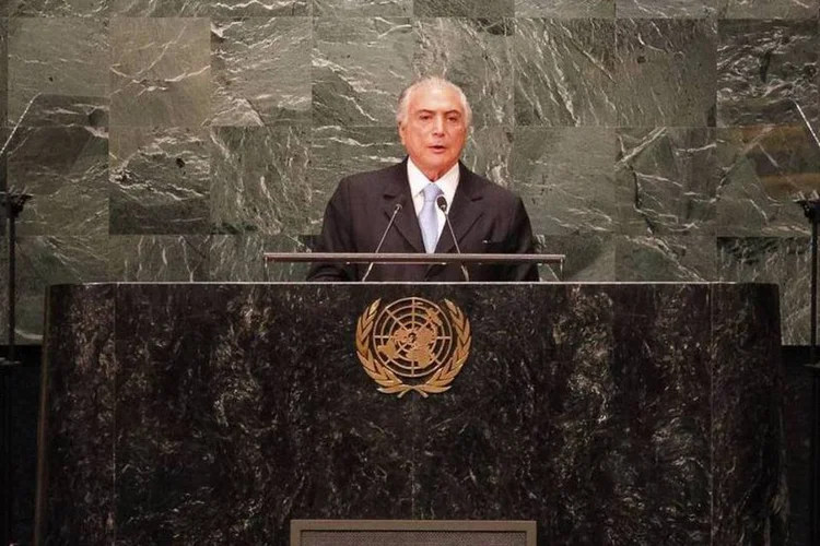 
	Michel Temer, em discurso na 71&ordf; Assembleia Geral da ONU, no dia 20/09/2016: o presidente do Brasil afirmou aos l&iacute;deres mundiais que processo de impeachment de Dilma Rousseff foi &quot;constitucional&quot;
 (Divulgação/ONU)