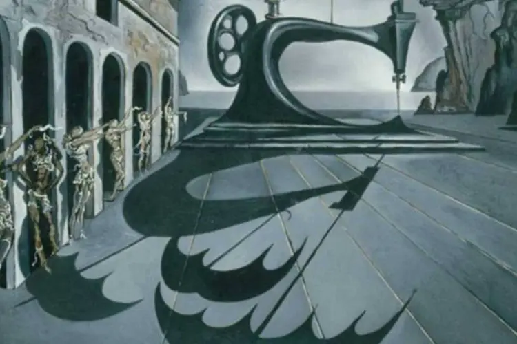 
	O quadro recria uma paisagem&nbsp;&#39;&#39;genuinamente daliniana&#39;&#39;&nbsp;protagonizado por uma m&aacute;quina de costura gigante em cuja superf&iacute;cie se apoiam guarda-chuvas pretos abertos
 (Fundació Gala-Salvador Dalí)