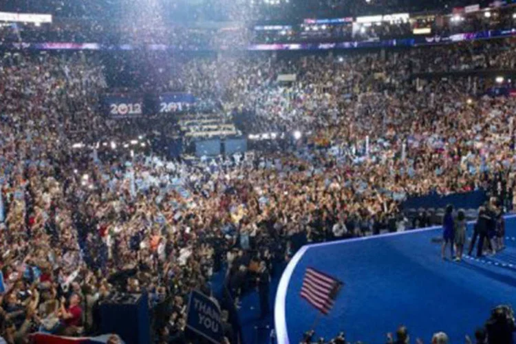 
	Imagem da conven&ccedil;&atilde;o democrata em 6 de setembro de 2012 em Charlotte: os democratas ca&iacute;ram de 64% de imagem favor&aacute;vel para 53% entre os consultados
 (Saul Loeb/AFP)