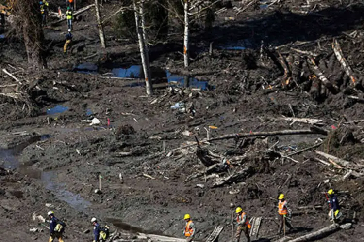 
	Equipe de resgate busca v&iacute;timas de deslizamento em Oso, Washington: encosta de uma colina encharcada pela chuva desmoronou em 22 de mar&ccedil;o
 (REUTERS/Max Whittaker)