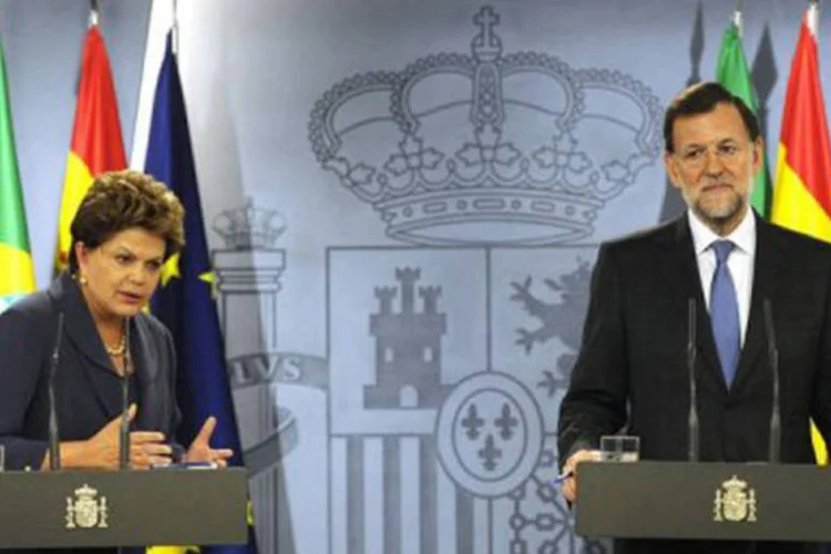 
	Dilma Rousseff e Mariano Rajoy em coletiva de imprensa em Madri: Rajoy fez um breve balan&ccedil;o de seu primeiro ano no governo durante o encontro (Dominique Faget/AFP)