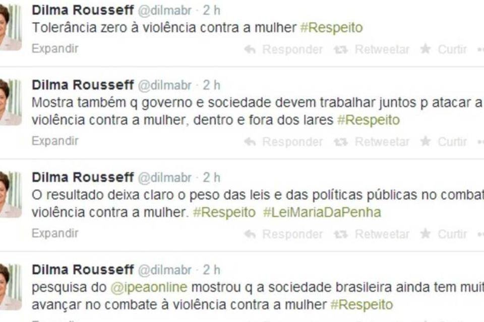 
	Twitter da presidente: segundo Dilma, as conclus&otilde;es da pesquisa mostram necessidade de garantir a aplica&ccedil;&atilde;o de leis, como a Lei Maria da Penha, que protege mulheres da viol&ecirc;ncia dom&eacute;stica e familiar
 (Reprodução/Twitter/dilmabr)