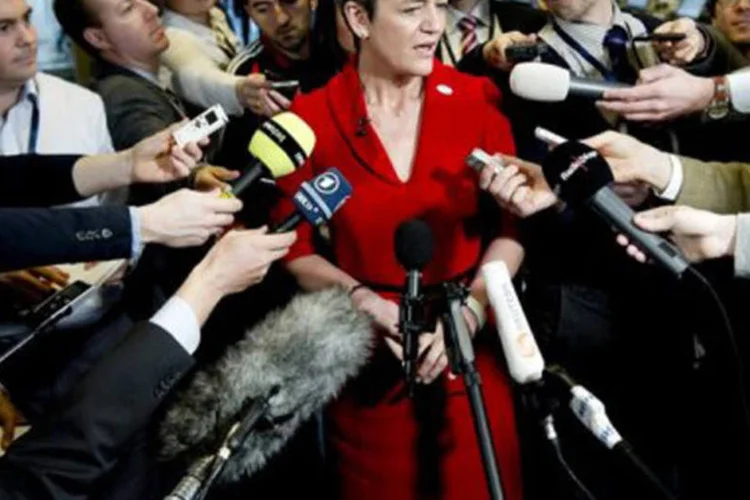 Margrethe Vestager, ministra da Economia da Dinamarca, em coletiva de imprensa (Keld Navntoft/AFP)