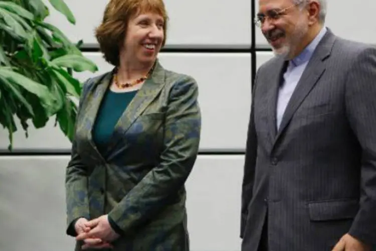 
	Catherine Ashton, diplomata europeia, e o chanceler do Ir&atilde; Mohammad Javad Zarif
 (Dieter Nagl/AFP)