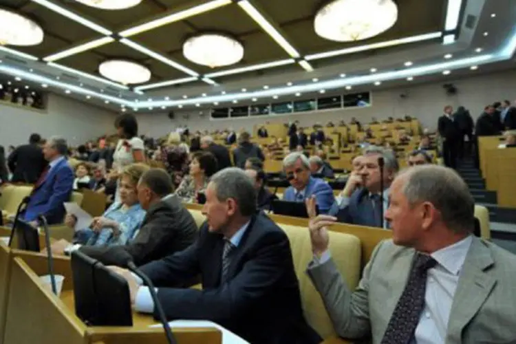 Duma, a câmara baixa do parlamento russo, em sessão: o protocolo foi ratificado por 238 votos a favor, 208 contra e uma abstenção (Yuri Kadobnov/AFP)