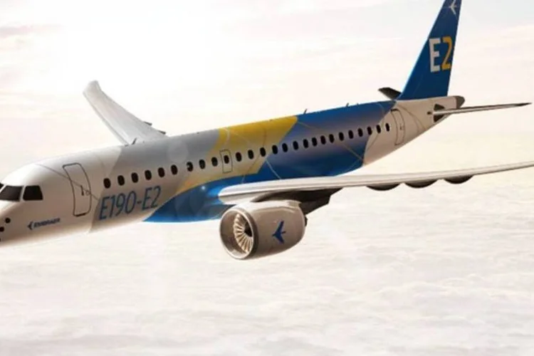 
	E190-E2, da Embraer: a Embraer se beneficia de ser capaz de financiar atualiza&ccedil;&otilde;es para a linha E2 com fluxo de caixa de sua unidade de defesa e de suas divis&otilde;es de jatos comerciais
 (Divulgação/Embraer)