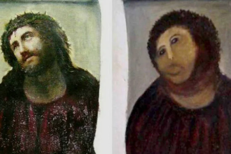 A restauração do quadro Ecce Homo feita por Cecilia Giménez, em Zaragoza (Elías García Martínez, Cecilia Giménez/Wikimedia Commons/Wikimedia Commons)