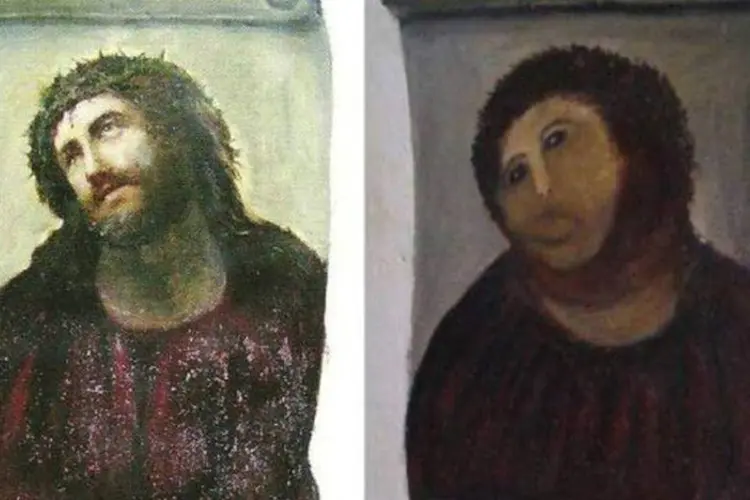 Antes e depois: mesmo bem intencionada a restauradora Cecília Giménez não fez um bom trabalho (Wikimedia Commons)