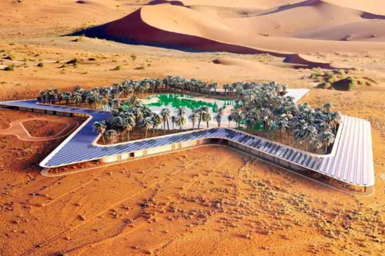 
	O&aacute;sis: constru&ccedil;&atilde;o associar&aacute; tecnologias limpas e design ecol&oacute;gico para criar experi&ecirc;ncia &ldquo;futurista&rdquo; das Mil e Uma Noites.
 (BAHARASH ARCHITECTURE)