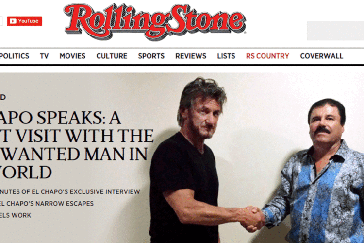 
	O ator Sean Penn e o narcotraficante Joaqu&iacute;n Guzm&aacute;n Loera (El Chapo) durante encontro em outubro de 2015
 (Reprodução/Site da Revista Rolling Stone)