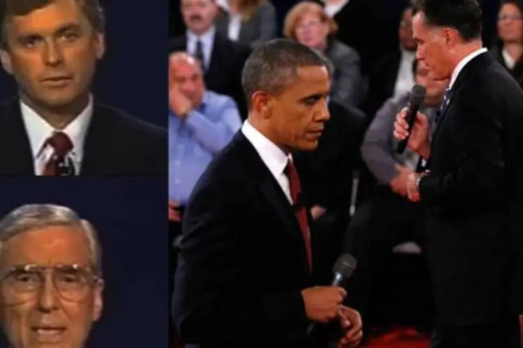 
	Quayle (acima) e Bentsey (abaixo), no debate de 1988. Ao lado, Obama e Romney, em 2012
 (Montagem)