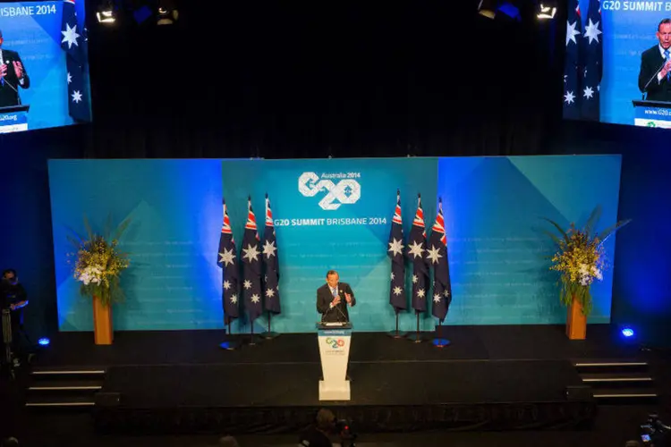 
	Encontro do G20, em Brisbane, na Austr&aacute;lia: depois de uma &quot;guerra de trincheiras&quot;, os pa&iacute;ses mais ricos do mundo finalmente concordaram em apoiar uma &quot;a&ccedil;&atilde;o forte eficaz para lidar com as mudan&ccedil;as clim&aacute;ticas&quot;
 (Getty Images)
