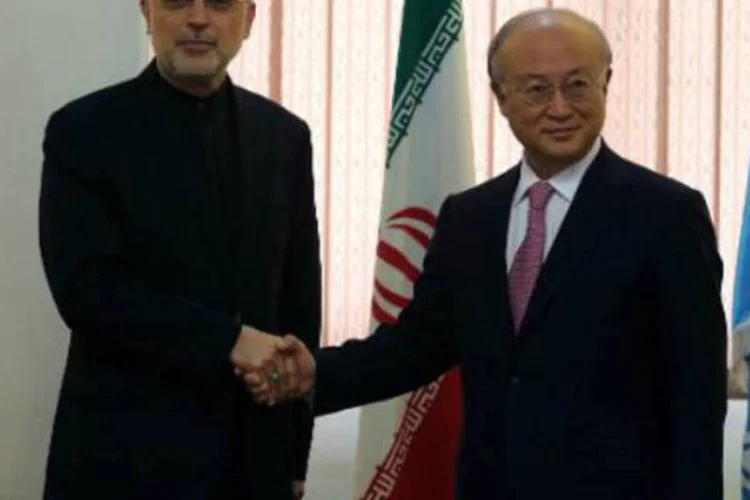Ali Akbar Salehi, da OIEA (E) e o chefe da AIEA, Yukiya Amano: "podemos fazer algumas modificações nos planos (do reator)", disse Salehi (Atta Kenare/AFP)