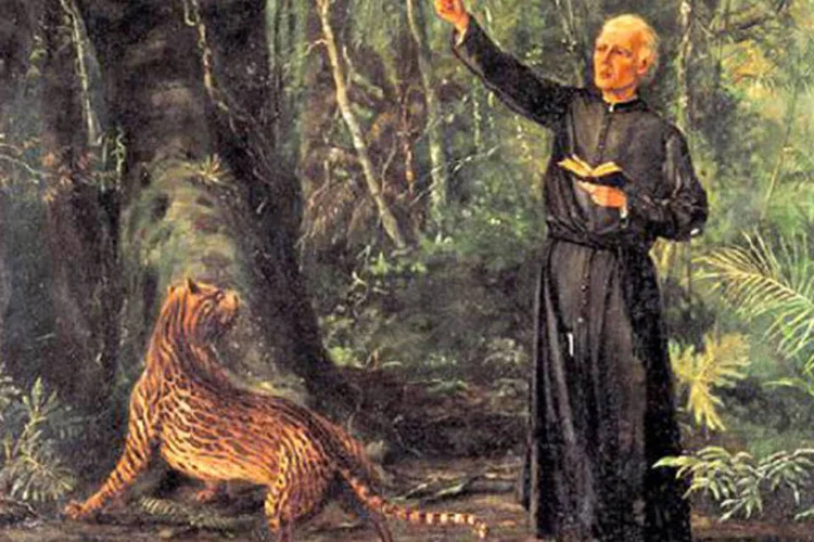 
	Obra &quot;Evangelho nas Selva&quot;, de Benedito Calixto, que mostra o Padre Jos&eacute; de Anchieta: principal celebra&ccedil;&atilde;o ser&aacute; feita no centro da capital paulista, no P&aacute;tio do Col&eacute;gio
 (Reprodução/Wikimedia Commons)
