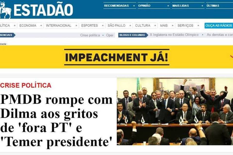 
	&quot;Impeachment J&aacute;&quot; no Estad&atilde;o online: a campanha da Fiesp consumiu 14 p&aacute;ginas do primeiro caderno desses ve&iacute;culos
 (Reprodução/Estadão)