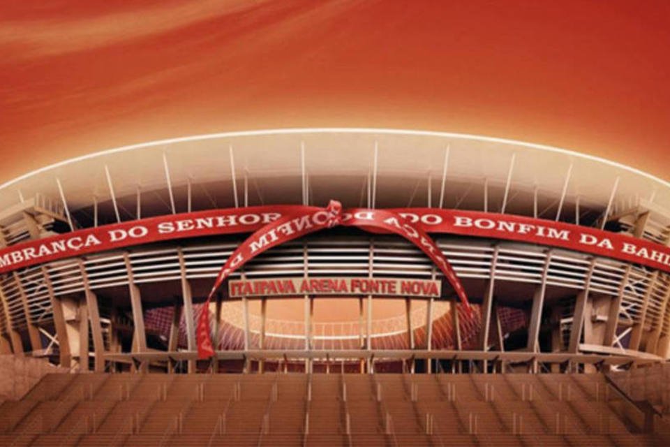 Imagem do estádio Arena Fonte Nova, em Salvador, envolvido com fita gigante do Nosso Senhor do Bonfim (Reprodução)