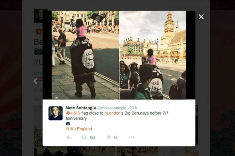 Homem desfila por Londres com bandeira do Estado Islâmico: flagra foi feito por turista que estava na região do Big Ben e logo viralizou nas redes sociais. Polícia local disse ter conversado com o homem, mas não o prendeu (Reprodução/Twitter)