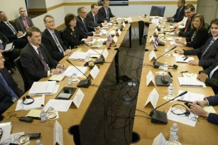 
	EUA-Cuba: As negocia&ccedil;&otilde;es acontecem na sede do Departamento de Estado americano
 (Brendan Smialowski/AFP)