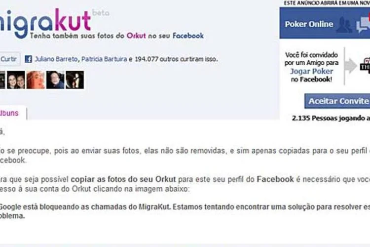 O MigraKut foi criado para transferir fotos do Orkut para o Facebook, mas foi bloqueado pelo Google (Reprodução)