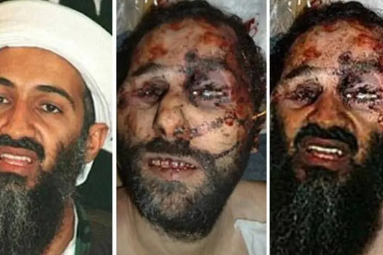 Fotos que circularam na internet: Osama bin Laden em 1998 (à esquerda); um cadáver anônimo (centro) e a montagem feita com as duas imagens (direita) (.)