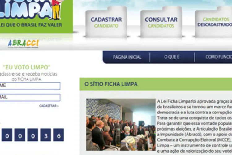 Home do site Ficha Limpa: apenas 36 candidatos das eleições deste ano se cadastraram na página (.)