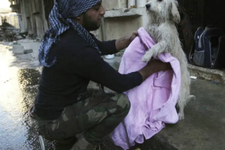 Rebelde sírio com cachorro: "nossa fé autoriza comer gatos, cachorros e burros porque o povo não tem mais alimentos", disseram religiosos (Khalil Ashawi/Reuters)