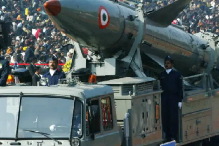 Míssil nuclear Prithvi II, na Índia: o míssil nuclear mais potente disponível nas Forças Armadas indianas é o Agni III, com um alcance de cerca de 3 mil km (Getty Images)