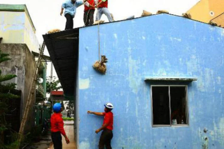 Funcionários da Cruz Vermelha colocam sacos de areia em casa à espera do tufão Haiyan: tufão atingiu o norte do Vietnã com ventos de 120 km/h (AFP)