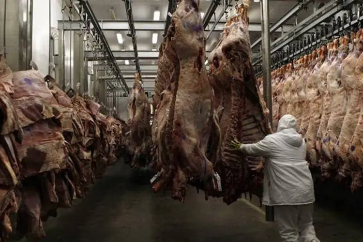 
	Oper&aacute;rio manipula carne em um frigor&iacute;fico da Marfrig em S&atilde;o Paulo: a rentabilidade do neg&oacute;cio encolheu
 (Paulo Whitaker/Reuters)
