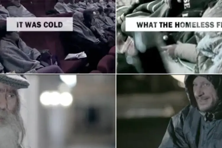 Trecho do vídeo com os dizeres "Estava frio", "O que os sem-tetos sentem todos os dias", "As pessoas no cinema estão congelando?", "Você desligou o aquecedor?" (Reprodução)