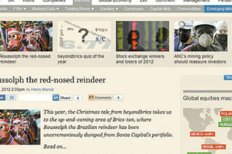
	Financial Times: no conto de fim de ano do jornal brit&acirc;nico a presidente brasileira &eacute; uma rena chamada de Roussolph e Mantega &eacute; chamado de Guido, o Elfo
 (Reprodução)