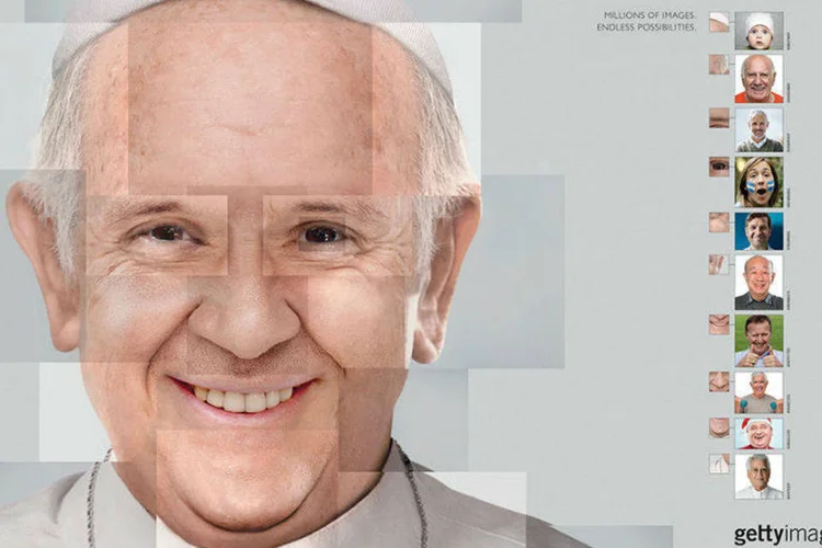 Campanha da Getty Images: criação de retratos famosos, como o de Papa Francisco, a partir de outras fotografias (Reprodução)