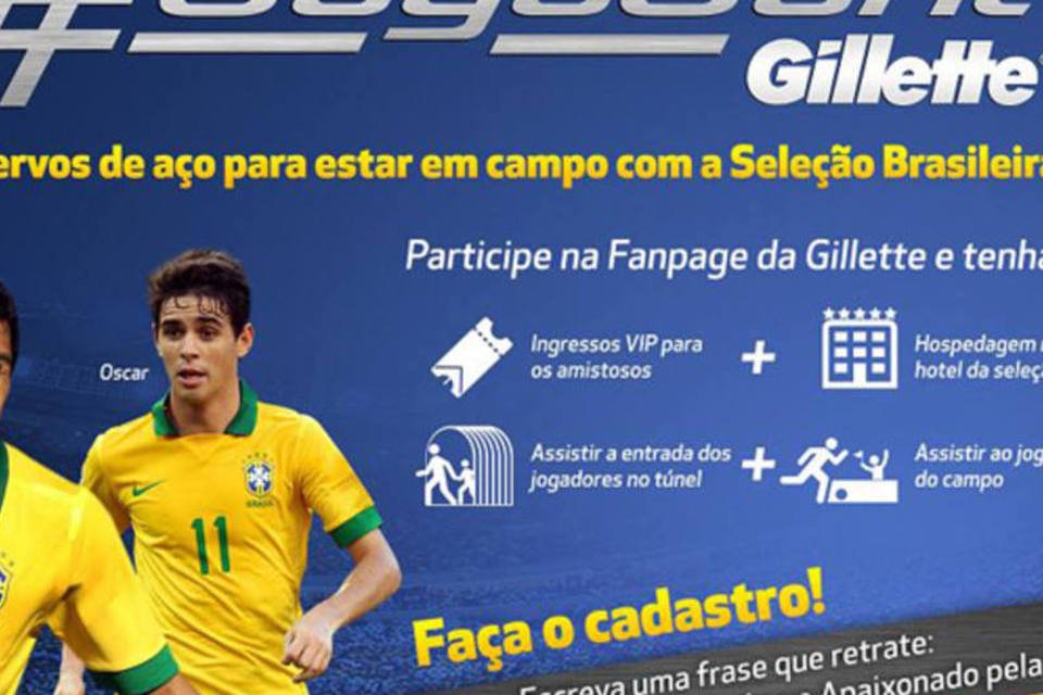 Promoção da Gillette na Copa: marca vai oferecer um dia especial aos ganhadores, incluindo viagem, hospedagem no mesmo hotel da Seleção Brasileira, visita ao vestiário antes do jogo e entrada do time em campo (Reprodução)