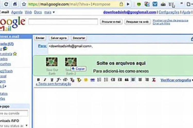 Arquivos devem ser jogados na caixa verde que aparece no página de envio de e-mail