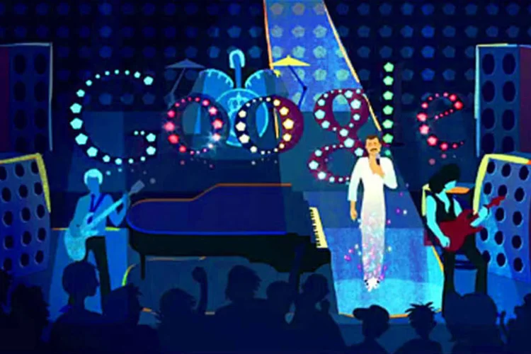 O logotipo do Google mostra, numa animação de 90 segundos, a banda Queen, com Freddie Mercury à frente (Reprodução)