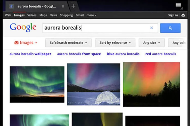 Na versão para tablet do serviço de buscas, o Google transplantou as opções da coluna esquerda, que foi eliminada, para uma fileira de botões   (Reprodução)