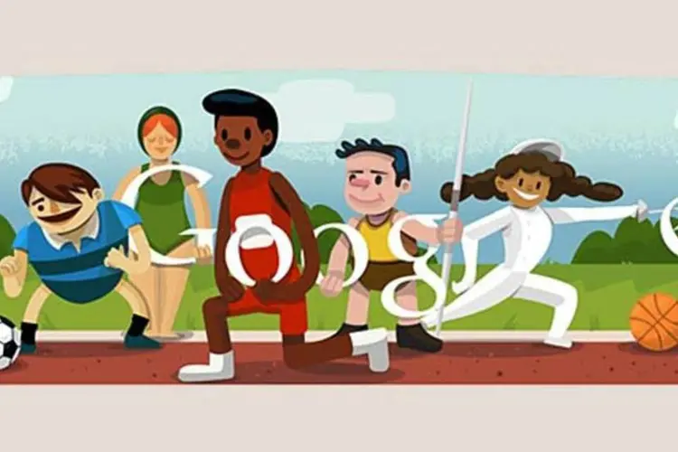 Futebol, basquete, esgrima e atletismo estão entre os esportes representados no logotipo do Google que celebra as Olimpíadas de Londres 2012 (Reprodução)