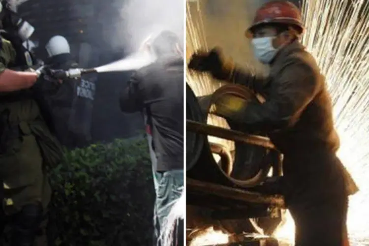 Protesto na Grécia e trabalhador na China: os dois países vivem situações opostas (Fotomontagem/Getty Images/AFP)