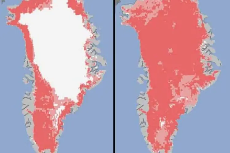 Em 8 de julho, cerca de 40% da camada de gelo (em branco) havia derretido (rosa escuro); apenas quatro dias depois, quase todo o gelo havia sumido (Divulgação/ Nasa)