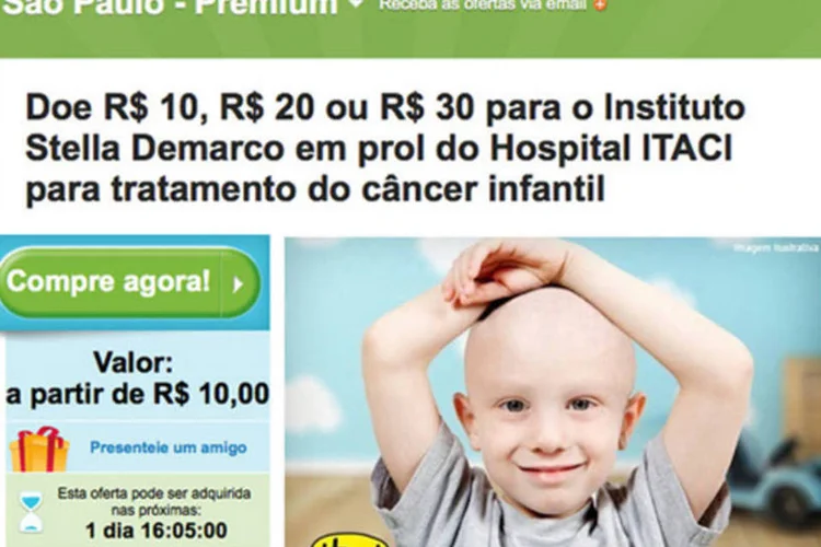Groupon em campanha de combate ao câncer infantil: “oferta” inclui três opções de doações, nos valores de R$ 10, R$ 20 e R$ 30, e é válida até domingo, dia 10/11 (Reprodução)