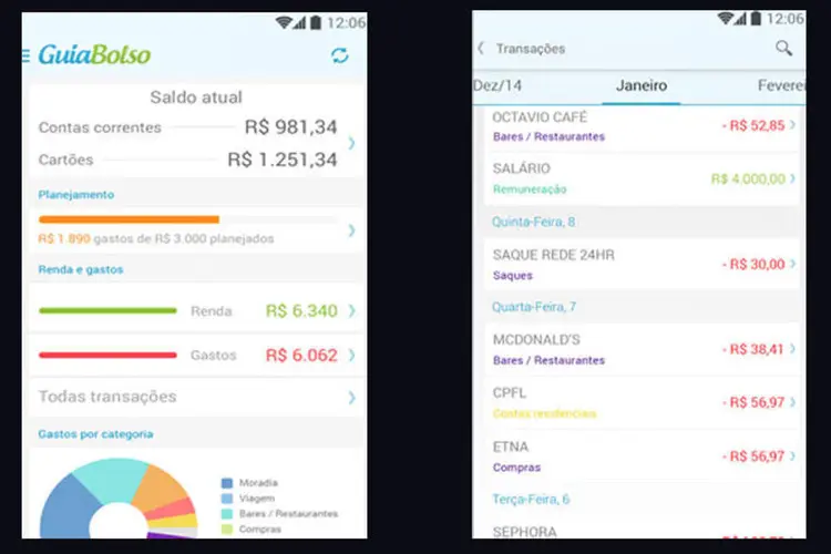 
	Imagens da vers&atilde;o do aplicativo para Android: GuiaBolso utiliza informa&ccedil;&otilde;es banc&aacute;rias do usu&aacute;rio
 (Reprodução/Google Play)