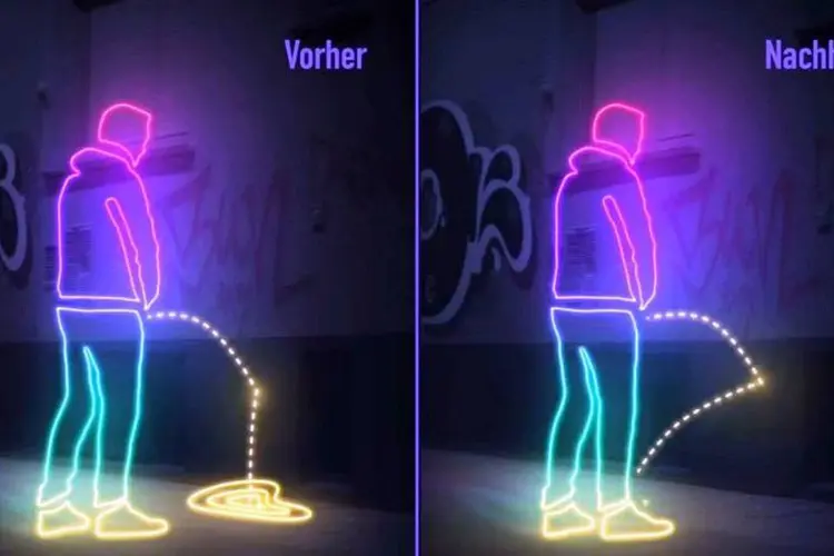 Antes e depois: revestimento super-hidrofóbico faz com que o xixi respingue todo de volta em quem está urinando (IG St. Pauli/YouTube)