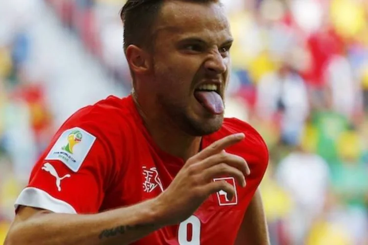 O jogador suíço Haris Seferovic comemora gol marcado contra a equipe do Equador (REUTERS/Paul Hanna)