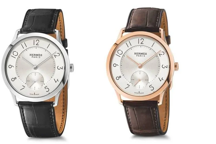 Os modelos Slim d’Hermès 39,5 mm estão disponíveis com caixa de aço inoxidável ou ouro rosa (WatchTime Brasil)