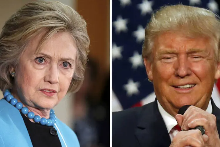 
	Hillary e Trump: a ex-secretaria de Estado parece afetada pelas not&iacute;cias sobre ter usado um servidor privado para seus e-mails
 (Lucy Nicholson / Jim Urquhart / Reuters)