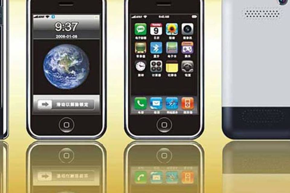 O HiPhone – uma imitação grosseira do iPhone, da Apple – é encontrado em vários modelos. O da foto aceita dois chips de operadora e funciona em inglês e chinês (Reprodução)