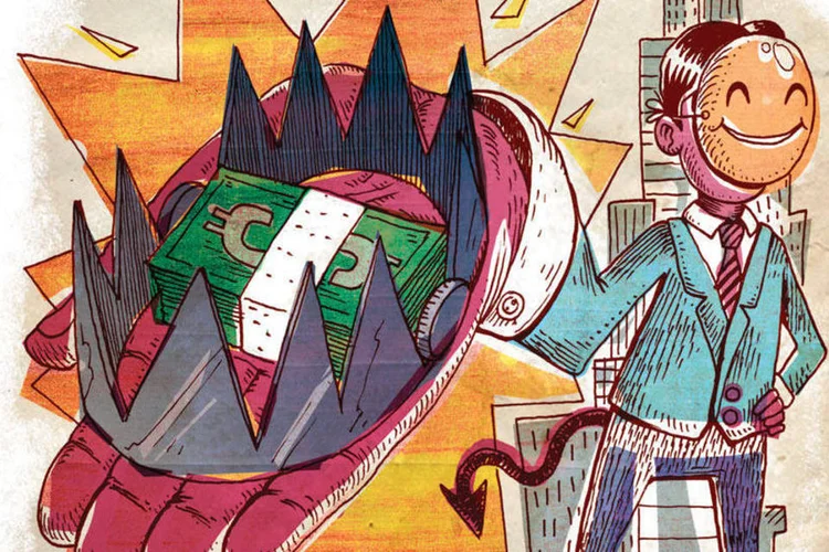 Ilustração de vendedor com máscara com armadilha na mão (Breno Ferreira / VOCÊ S/A)