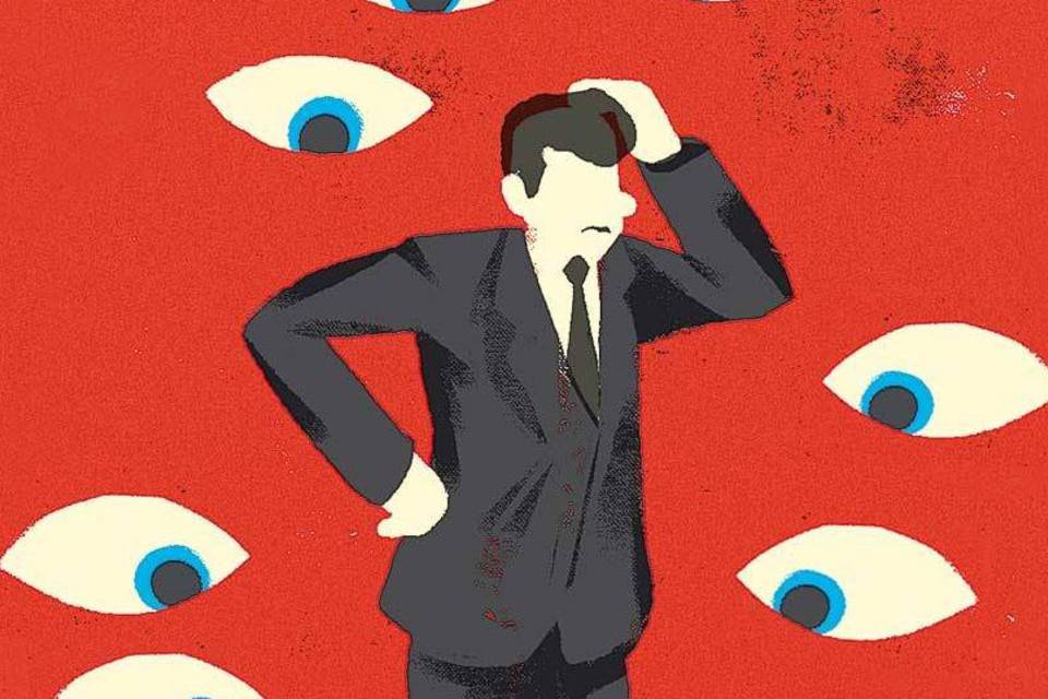 Ilustração - Homem sendo observado por olhos (Francisco Martins/EXAME)