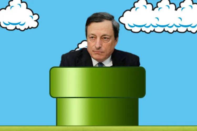 
	Ilustra&ccedil;&atilde;o mostra o presidente do BCE, Mario Draghi, em uma alus&atilde;o ao jogo Super Mario
 (Beatriz Blanco/EXAME.com)
