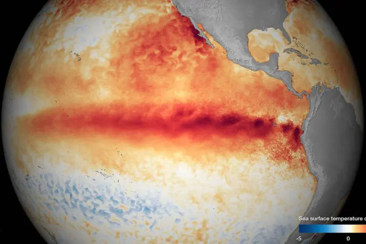 
	Imagem mostra o aquecimento do oceano: no Brasil, o Instituto Nacional de Meteorologia (Inmet) informou que as varia&ccedil;&otilde;es clim&aacute;ticas registradas nas &uacute;ltimas semanas s&atilde;o resultado do El Ni&ntilde;o
 (NOAA/Reuters)